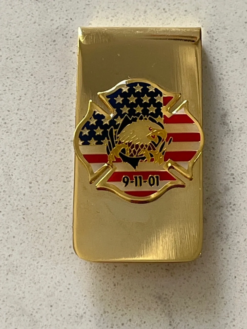 Brass 911 Money Clip firefighters Emblem, United States Flag Eagle